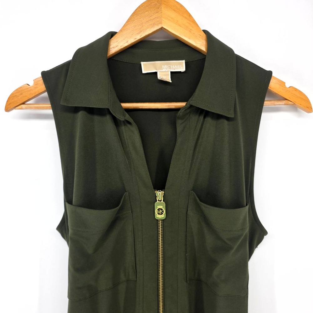 Michael Kors Dress Womens XL Olive Green Sleeveless Zip Front Utility Midi Belt